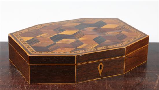 A Tunbridge Ware specimen wood perspective cube octagonal box, 10in.